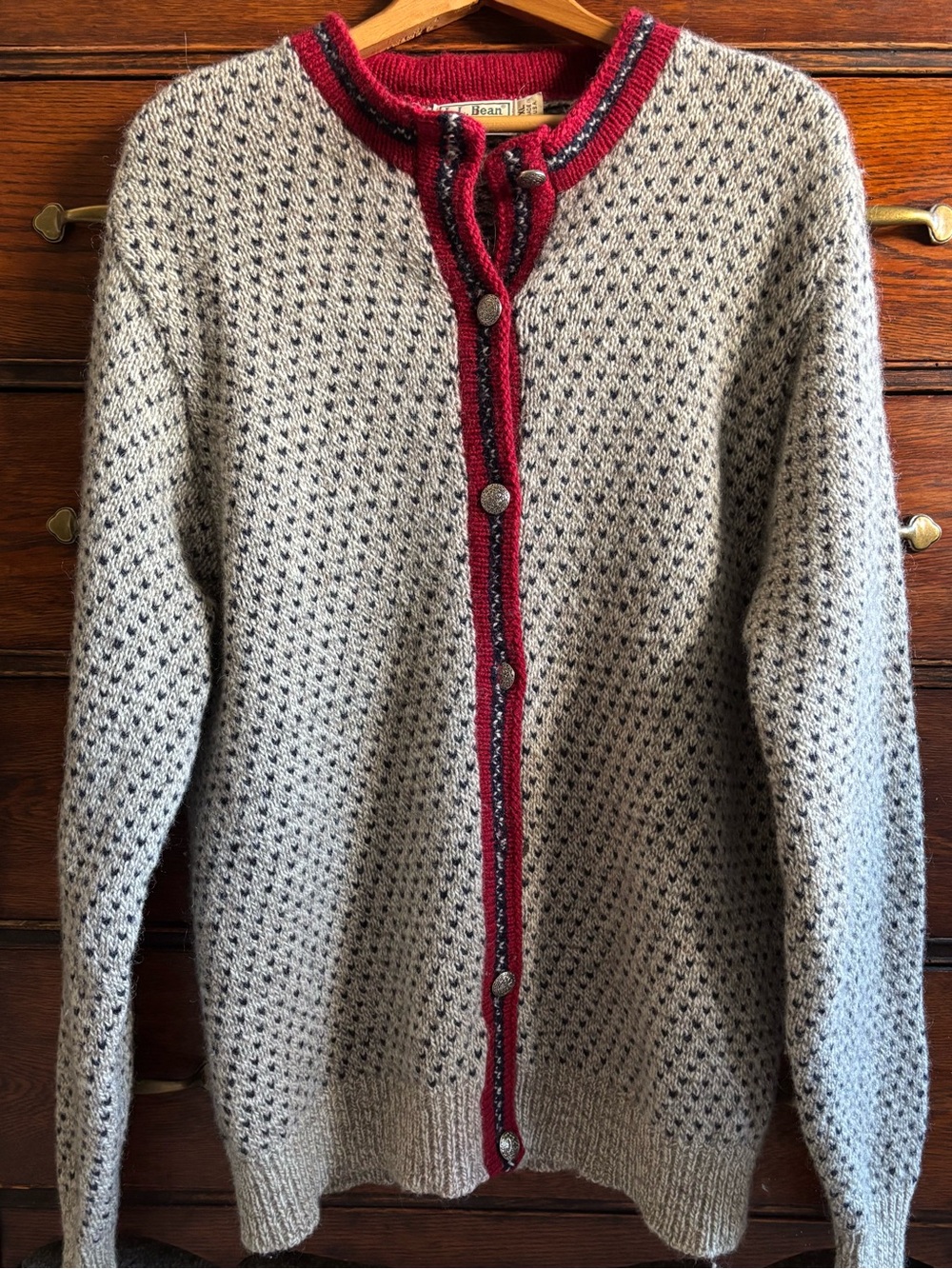 L.L. Bean Women's Light Gray Knit Cardigan with Burgundy Trim - Picture 13 of 16